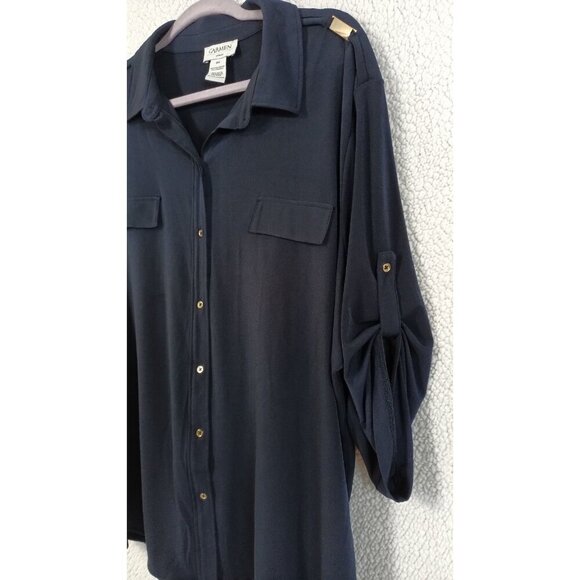 CARMEN Marc Valvo Womens Blouse Plus Size 3X Navy Blue Button Up Bling Stretch - Picture 5 of 16